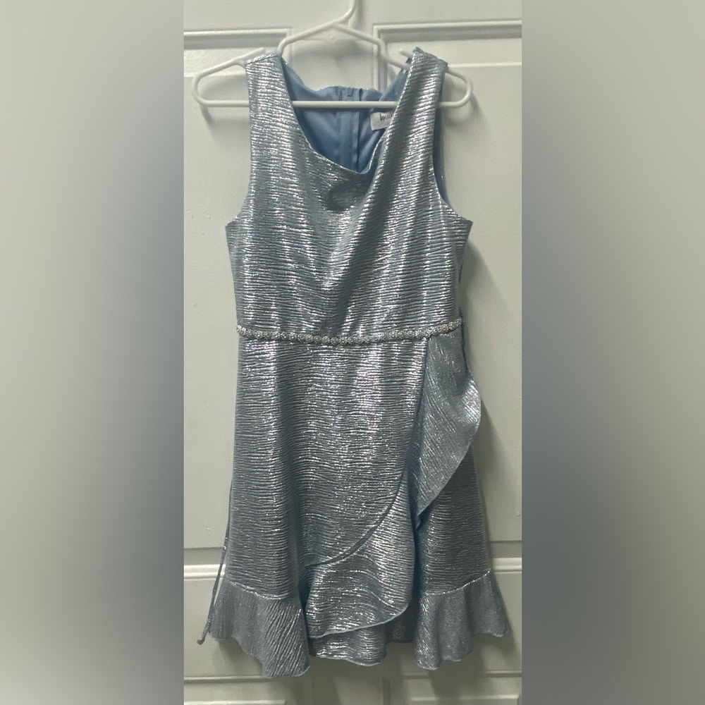 Girl’s dress blue/silver with side ruffle, rhinestone detail, tie back size 7